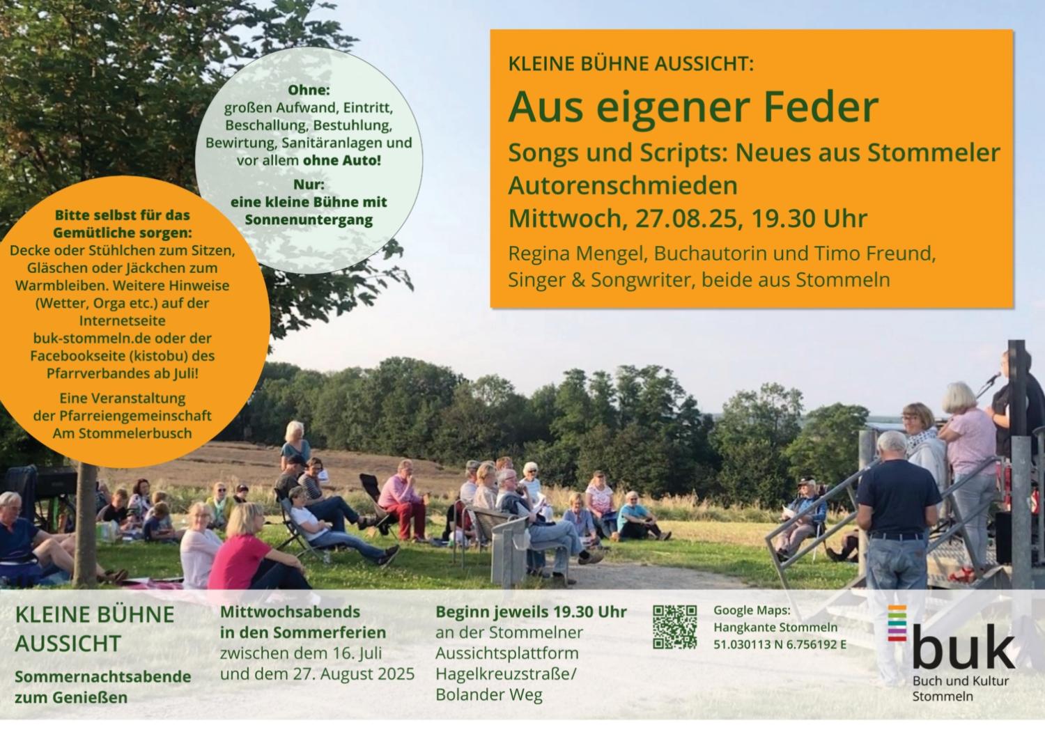 Am Mittwoch, dem 27. August werden Regina Mengel und Timo Freund aus Stommeln noch einmal alles geben, um mit eigenen Texten und Liedern vielen Besuchern einen schönen Sommerabend zu bescheren. Wir hoffen, dass das Wetter auch an diesem letzten Abend mitspielt. Ob die Veranstaltung tatsächlich stattfinden kann, erfahren Sie ab Mittwochnachmittag auf dieser Seite.
